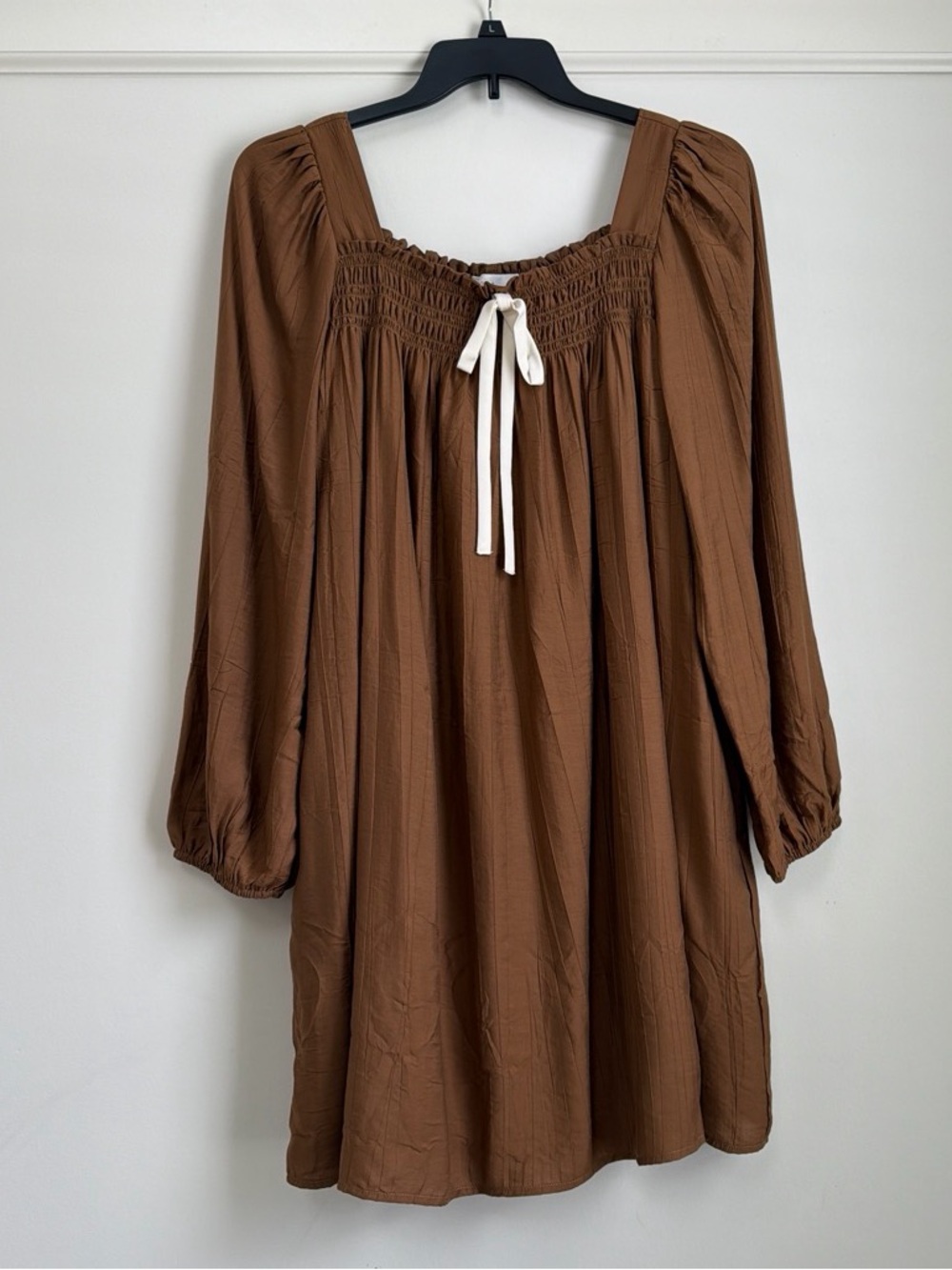 in february Sepia Brown Smocked Babydoll Knee-Length Dress Pockets NWT Size L